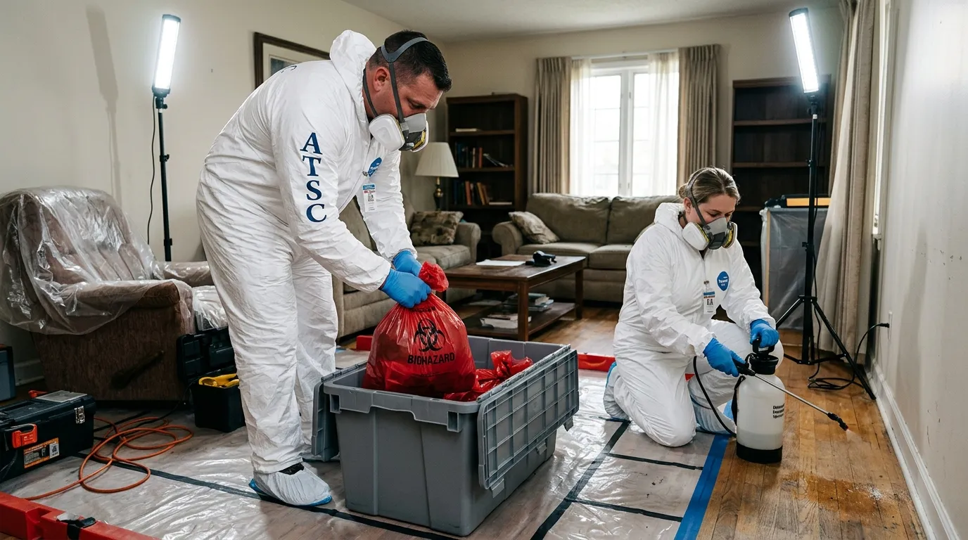 Professional Unattended Death Cleanup technician in full PPE working in Ottawa